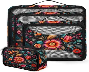 4 Set Packing Cubes for Suitcases, Travel Essentials for Carry on Luggage, Retro Flowers Suitcase Organizers for Clothes Shoes Toiletries Travel Accessories in 4 Sizes - Varicolored Flowers