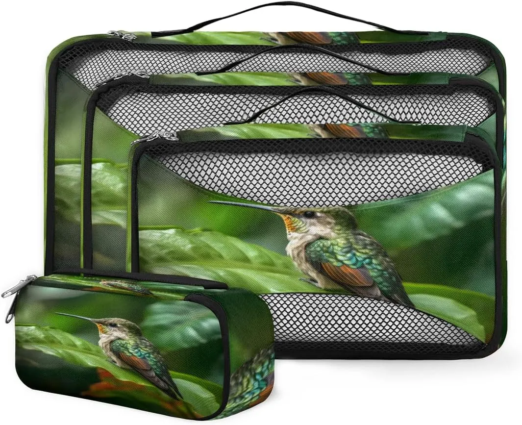 4 Set Packing Cubes for Suitcases, Travel Essentials for Carry on Luggage, Romantic Bird Suitcase Organizers for Clothes Shoes Toiletries Travel Accessories in 4 Sizes - Flower Bird