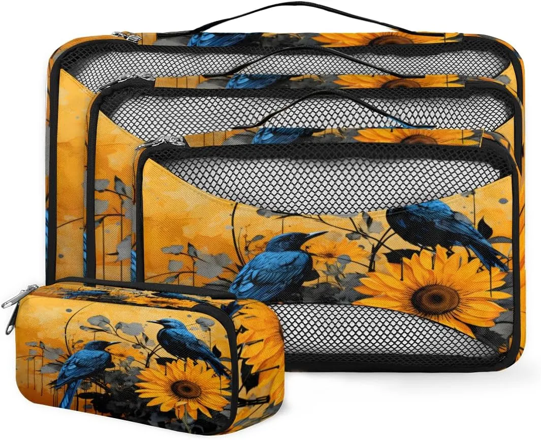 4 Set Packing Cubes for Suitcases, Travel Essentials for Carry on Luggage, Romantic Bird Suitcase Organizers for Clothes Shoes Toiletries Travel Accessories in 4 Sizes - Lovely Bird