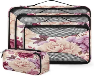 4 Set Packing Cubes for Suitcases, Travel Essentials for Carry on Luggage, Romantic Flower Suitcase Organizers for Clothes Shoes Toiletries Travel Accessories in 4 Sizes - Colorful Flower