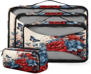 4 Set Packing Cubes for Suitcases, Travel Essentials for Carry on Luggage, Romantic Flower Suitcase Organizers for Clothes Shoes Toiletries Travel Accessories in 4 Sizes - Fantastic Flower