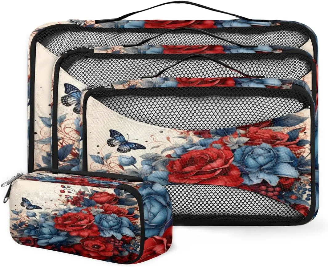 4 Set Packing Cubes for Suitcases, Travel Essentials for Carry on Luggage, Romantic Flower Suitcase Organizers for Clothes Shoes Toiletries Travel Accessories in 4 Sizes - Fantastic Flower