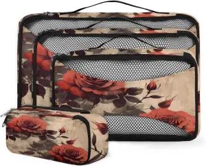 4 Set Packing Cubes for Suitcases, Travel Essentials for Carry on Luggage, Rose Flower Suitcase Organizers for Clothes Shoes Toiletries Travel Accessories in 4 Sizes - Artistic Flower