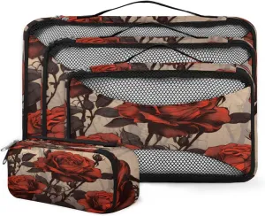 4 Set Packing Cubes for Suitcases, Travel Essentials for Carry on Luggage, Rose Flower Suitcase Organizers for Clothes Shoes Toiletries Travel Accessories in 4 Sizes - Romantic Flower