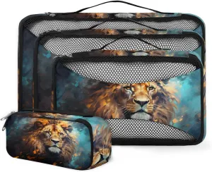 4 Set Packing Cubes for Suitcases, Travel Essentials for Carry on Luggage, Savannah Lion Suitcase Organizers for Clothes Shoes Toiletries Travel Accessories in 4 Sizes - Watercolor Lion