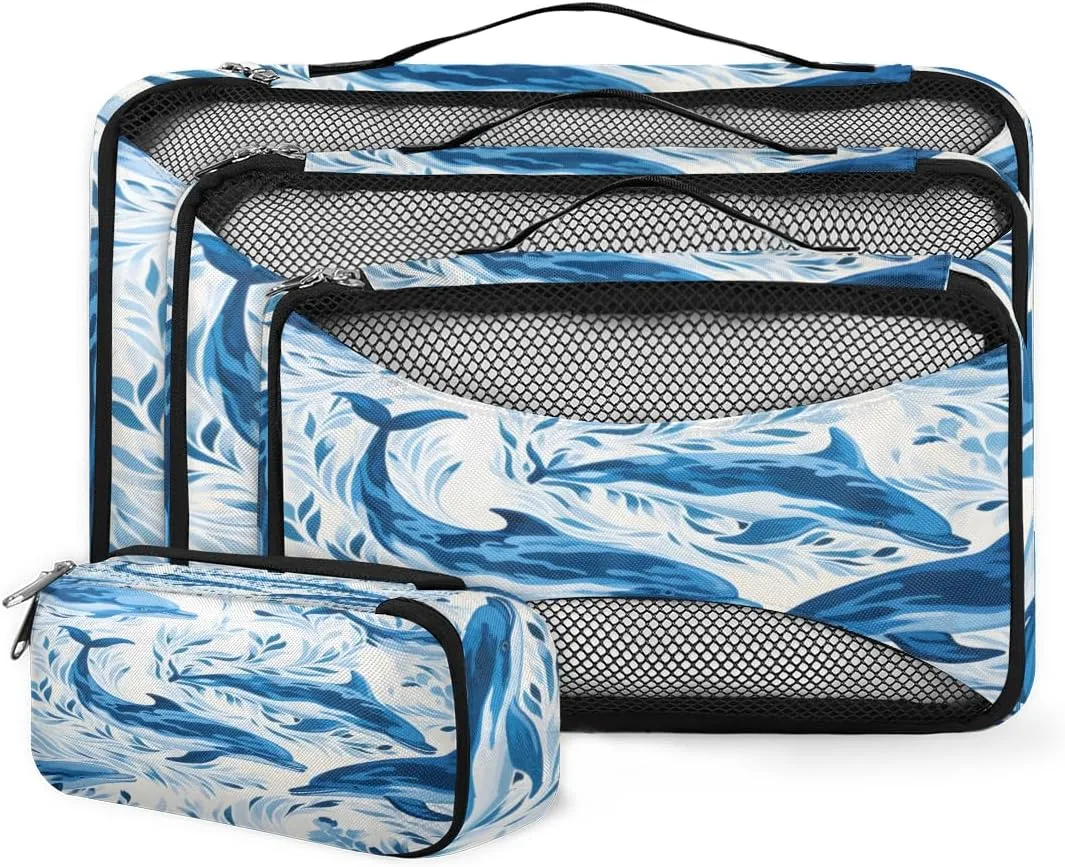 4 Set Packing Cubes for Suitcases, Travel Essentials for Carry on Luggage, Suitcase Organizers for Clothes Shoes Toiletries Travel Accessories in 4 Sizes - Blue Dolphin