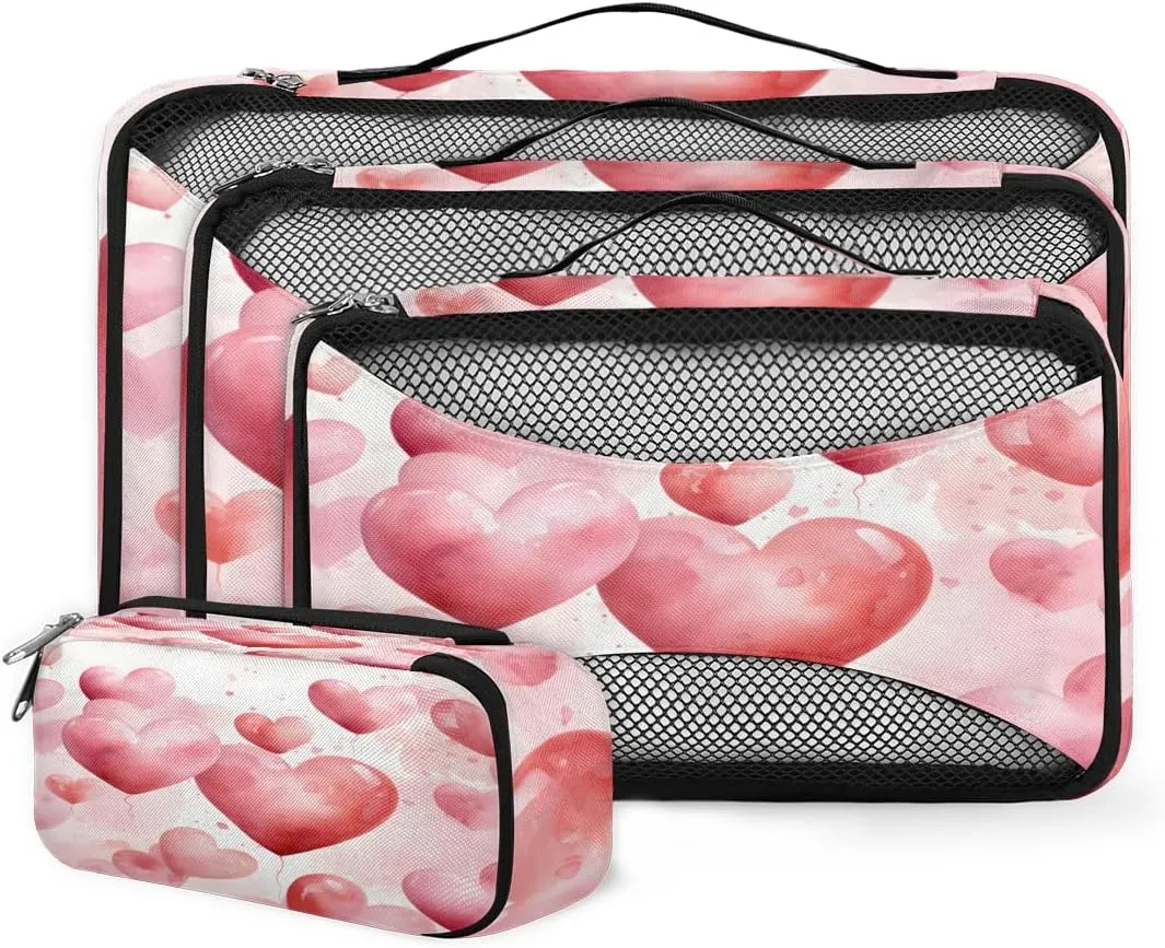 4 Set Packing Cubes for Suitcases, Travel Essentials for Carry on Luggage, Suitcase Organizers for Clothes Shoes Toiletries Travel Accessories in 4 Sizes - Heart Balloon
