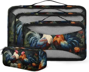4 Set Packing Cubes for Suitcases, Travel Essentials for Carry on Luggage, Suitcase Organizers for Clothes Shoes Toiletries Travel Accessories in 4 Sizes - Hen Rooster Flowers