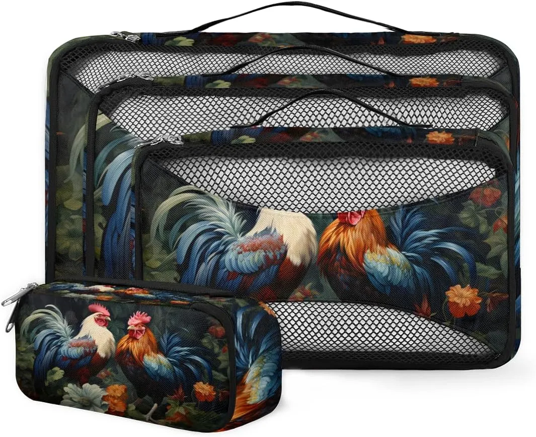 4 Set Packing Cubes for Suitcases, Travel Essentials for Carry on Luggage, Suitcase Organizers for Clothes Shoes Toiletries Travel Accessories in 4 Sizes - Hen Rooster Flowers