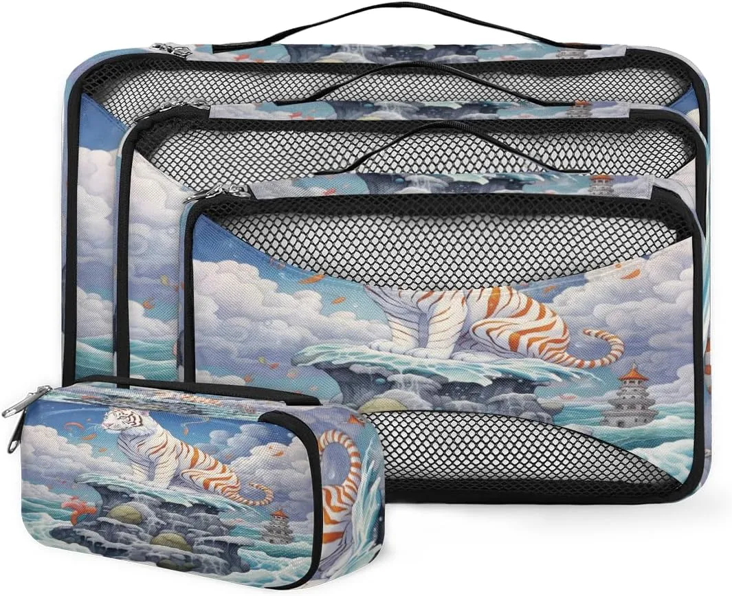 4 Set Packing Cubes for Suitcases, Travel Essentials for Carry on Luggage, Suitcase Organizers for Clothes Shoes Toiletries Travel Accessories in 4 Sizes - Ocean Waves Tiger