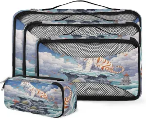 4 Set Packing Cubes for Suitcases, Travel Essentials for Carry on Luggage, Suitcase Organizers for Clothes Shoes Toiletries Travel Accessories in 4 Sizes - Ocean Waves Tiger