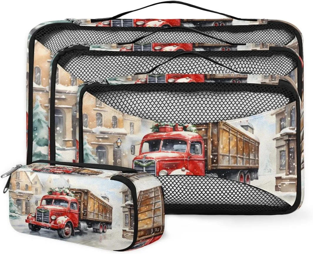 4 Set Packing Cubes for Suitcases, Travel Essentials for Carry on Luggage, Suitcase Organizers for Clothes Shoes Toiletries Travel Accessories in 4 Sizes - Retro City Truck