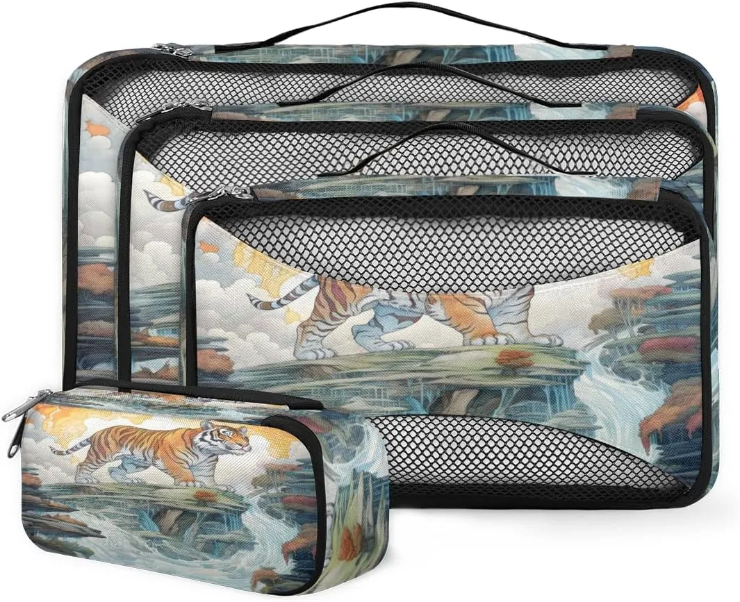 4 Set Packing Cubes for Suitcases, Travel Essentials for Carry on Luggage, Suitcase Organizers for Clothes Shoes Toiletries Travel Accessories in 4 Sizes - Tiger in the Mountains