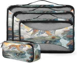 4 Set Packing Cubes for Suitcases, Travel Essentials for Carry on Luggage, Suitcase Organizers for Clothes Shoes Toiletries Travel Accessories in 4 Sizes - Tiger in the Mountains