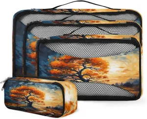 4 Set Packing Cubes for Suitcases, Travel Essentials for Carry on Luggage, Sunset Tree Suitcase Organizers for Clothes Shoes Toiletries Travel Accessories in 4 Sizes - Autumn Tree