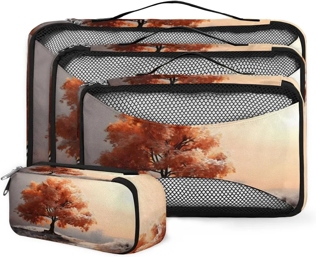 4 Set Packing Cubes for Suitcases, Travel Essentials for Carry on Luggage, Sunset Tree Suitcase Organizers for Clothes Shoes Toiletries Travel Accessories in 4 Sizes - Fantastic Tree