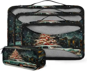 4 Set Packing Cubes for Suitcases, Travel Essentials for Carry on Luggage, Tree Suitcase Organizers for Clothes Shoes Toiletries Travel Accessories in 4 Sizes - Christmas Truck