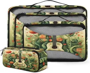 4 Set Packing Cubes for Suitcases, Travel Essentials for Carry on Luggage, Tropical Leaves Suitcase Organizers for Clothes Shoes Toiletries Travel Accessories in 4 Sizes - Retro Guitar
