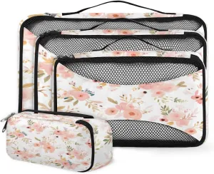 4 Set Packing Cubes for Suitcases, Travel Essentials for Carry on Luggage, Varicolored Flowers Suitcase Organizers for Clothes Shoes Toiletries Travel Accessories in 4 Sizes - Fantastic Flowers