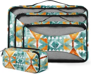4 Set Packing Cubes for Suitcases, Travel Essentials for Carry on Luggage, Watercolor Aztec Suitcase Organizers for Clothes Shoes Toiletries Travel Accessories in 4 Sizes - Colorful Explosion
