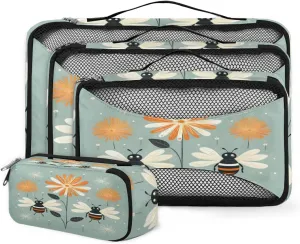 4 Set Packing Cubes for Suitcases, Travel Essentials for Carry on Luggage, Watercolor Bee Suitcase Organizers for Clothes Shoes Toiletries Travel Accessories in 4 Sizes - Flowers Bee