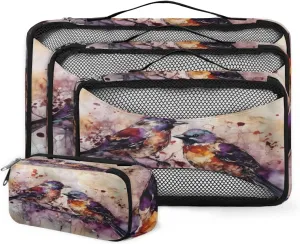 4 Set Packing Cubes for Suitcases, Travel Essentials for Carry on Luggage, Watercolor Bird Suitcase Organizers for Clothes Shoes Toiletries Travel Accessories in 4 Sizes - Cute Bird
