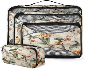4 Set Packing Cubes for Suitcases, Travel Essentials for Carry on Luggage, Watercolor Bird Suitcase Organizers for Clothes Shoes Toiletries Travel Accessories in 4 Sizes - Fantastic Bird