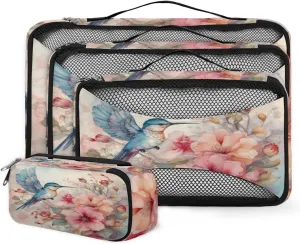 4 Set Packing Cubes for Suitcases, Travel Essentials for Carry on Luggage, Watercolor Bird Suitcase Organizers for Clothes Shoes Toiletries Travel Accessories in 4 Sizes - Flower Bird