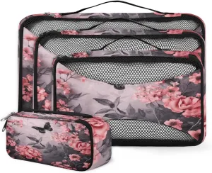 4 Set Packing Cubes for Suitcases, Travel Essentials for Carry on Luggage, Watercolor Butterfly Suitcase Organizers for Clothes Shoes Toiletries Travel Accessories in 4 Sizes - Flowers Butterfly