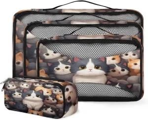 4 Set Packing Cubes for Suitcases, Travel Essentials for Carry on Luggage, Watercolor Cat Suitcase Organizers for Clothes Shoes Toiletries Travel Accessories in 4 Sizes - Cartoon Cat