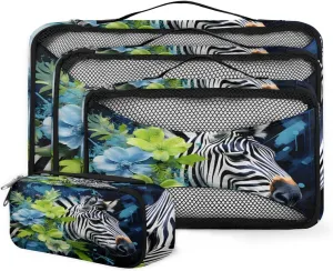 4 Set Packing Cubes for Suitcases, Travel Essentials for Carry on Luggage, Watercolor Flowers Suitcase Organizers for Clothes Shoes Toiletries Travel Accessories in 4 Sizes - Abstract Zebra