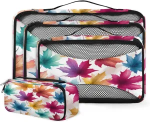 4 Set Packing Cubes for Suitcases, Travel Essentials for Carry on Luggage, Watercolor Maple Leaves Suitcase Organizers for Clothes Shoes Toiletries Travel Accessories in 4 Sizes