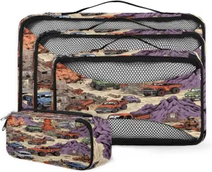 4 Set Packing Cubes for Suitcases, Travel Essentials for Carry on Luggage, Watercolor Truck Suitcase Organizers for Clothes Shoes Toiletries Travel Accessories in 4 Sizes - Colorful Truck