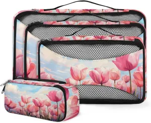 4 Set Packing Cubes for Suitcases, Travel Essentials for Carry on Luggage, Watercolor Tulips Suitcase Organizers for Clothes Shoes Toiletries Travel Accessories in 4 Sizes - Colorful Tulips