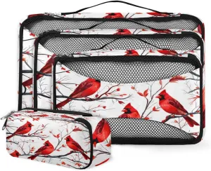 4 Set Packing Cubes for Suitcases, Travel Essentials for Carry on Luggage, Winter Xmas Suitcase Organizers for Clothes Shoes Toiletries Travel Accessories in 4 Sizes - Cardinal Bird