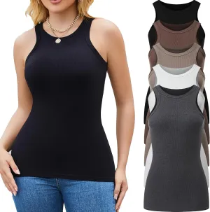 5 Pack Womens Tank Tops Crew Neck Sleeveless Racerback Summer Basic Fitted Womens Tops
