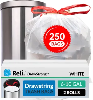 6-10 Gallon Trash Bags Drawstring | 250 Count | 22"x23" | 6, 8, 10 Gallon Drawstring Garbage Bags | White Trash Can Liners | Small - Medium