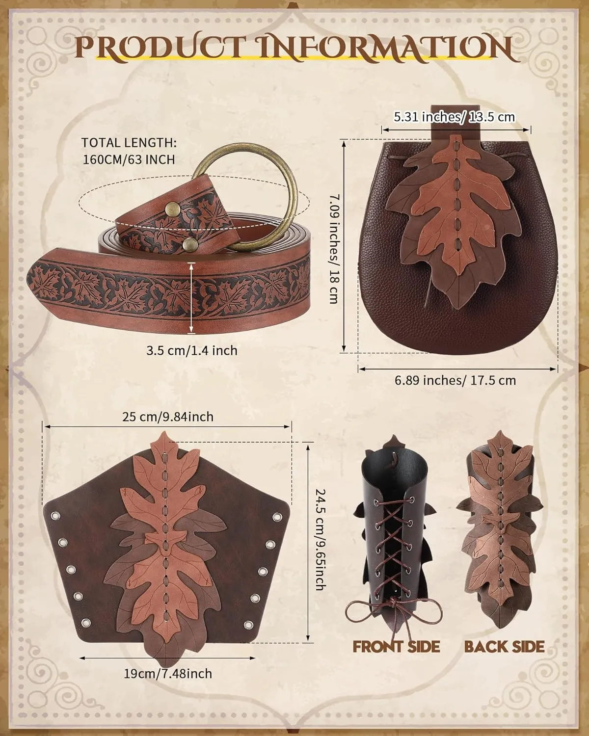 Abbylike Women Renaissance Accessories Medieval Viking Belt Renaissance Leaf Belt Bag Leather Bracers for Ren Faire Costume