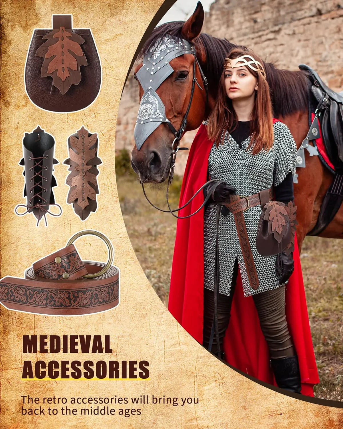 Abbylike Women Renaissance Accessories Medieval Viking Belt Renaissance Leaf Belt Bag Leather Bracers for Ren Faire Costume