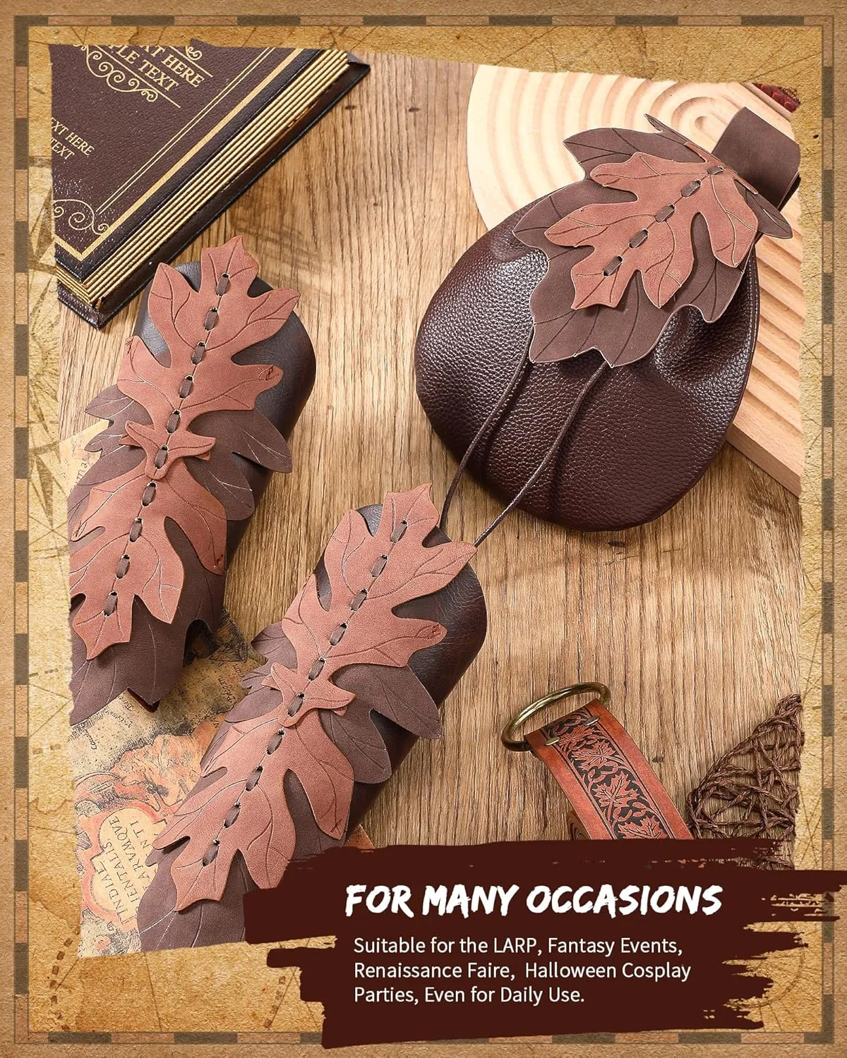 Abbylike Women Renaissance Accessories Medieval Viking Belt Renaissance Leaf Belt Bag Leather Bracers for Ren Faire Costume