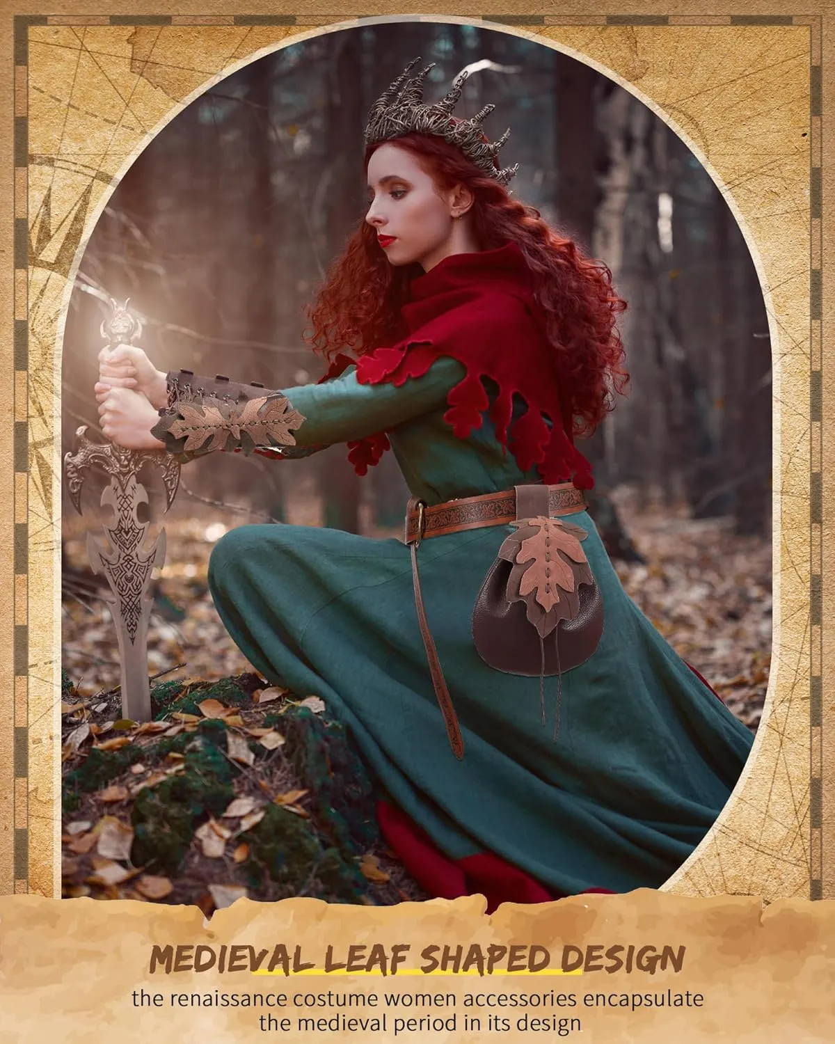 Abbylike Women Renaissance Accessories Medieval Viking Belt Renaissance Leaf Belt Bag Leather Bracers for Ren Faire Costume