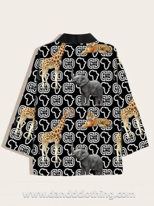 African Kimono Animals Black Print
