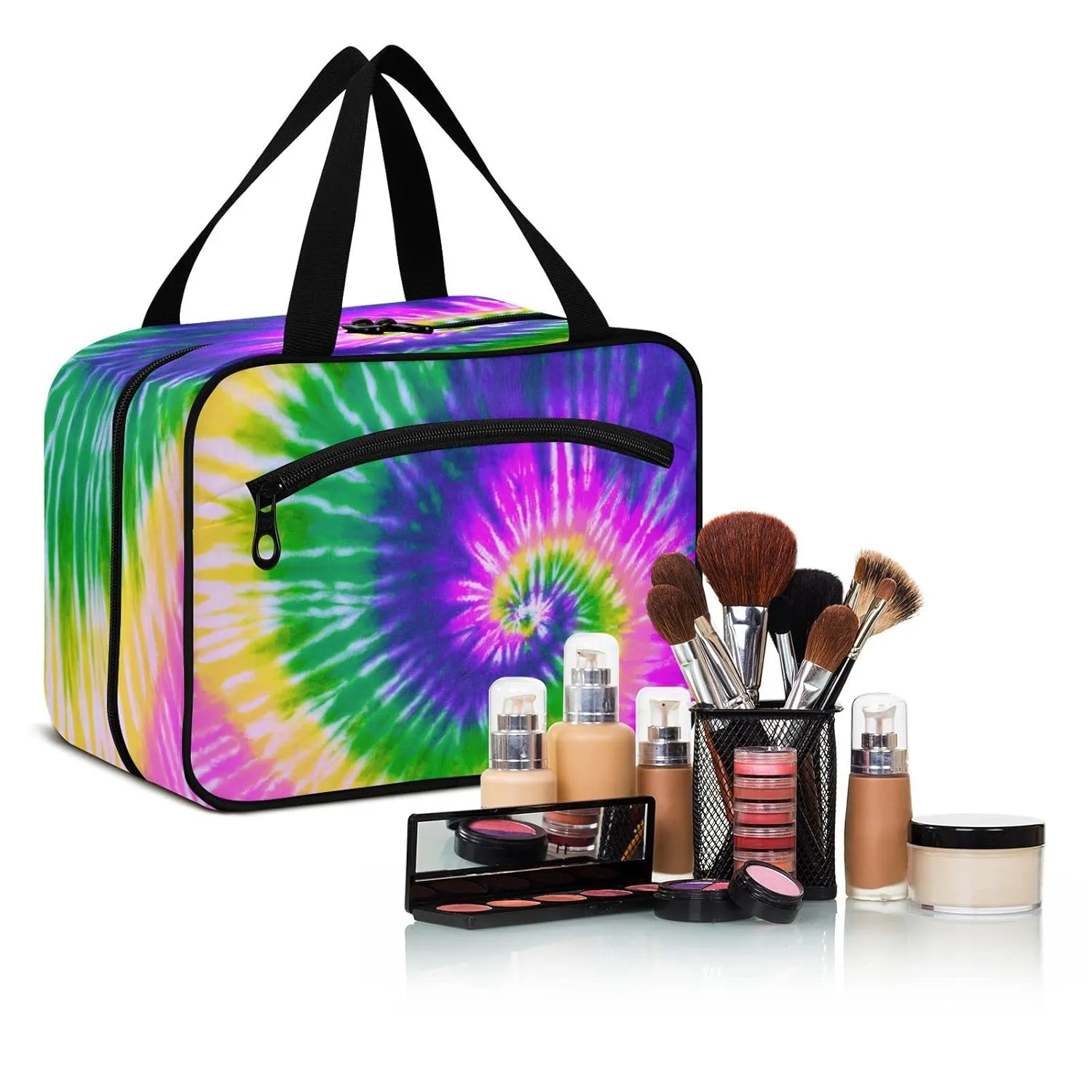 ALAZA Green Tie Dye Toiletry Bag Men and Women Travel Hanging Makeup Cosmetic Bag Toiletries Accessories L