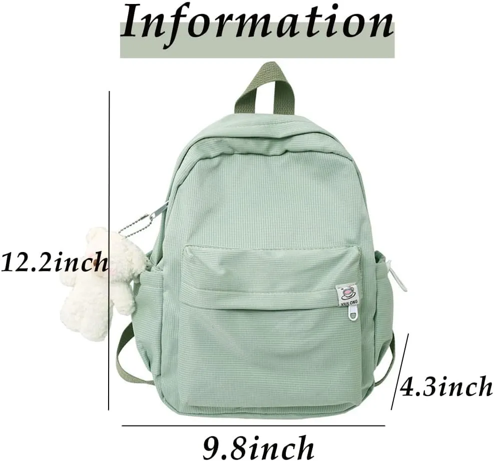 ALTALIVA Aesthetic Backpack Mini Canvas Korean Backpack with Kawaii Accessories, Laptop Lightweight Travel Backpack for Women (Green)