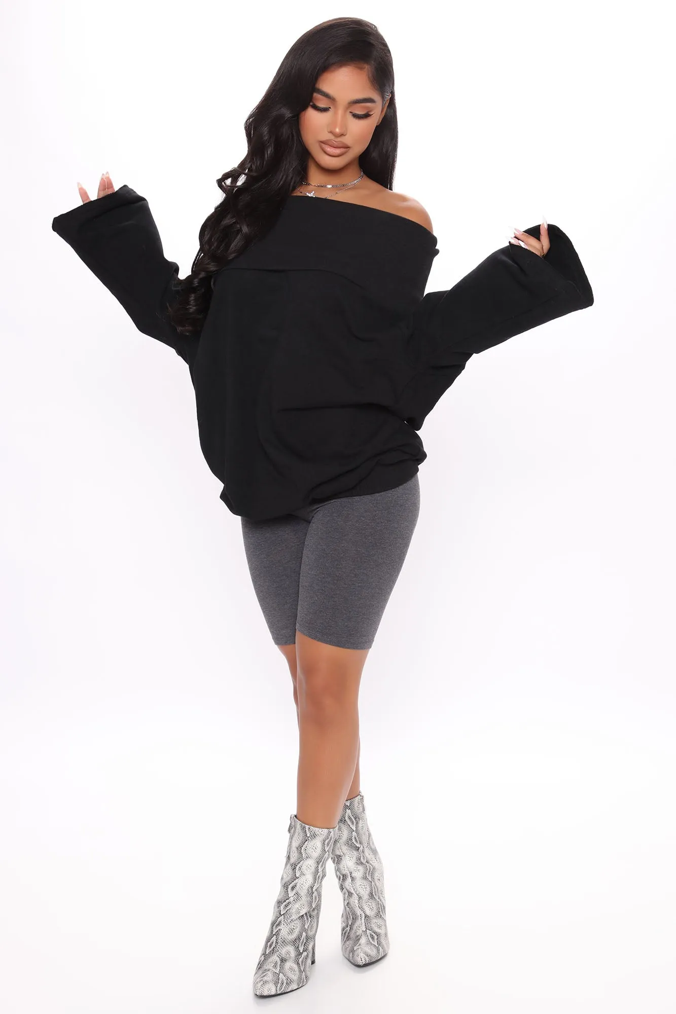 Appointment Ready Off Shoulder Sweatshirt - Black