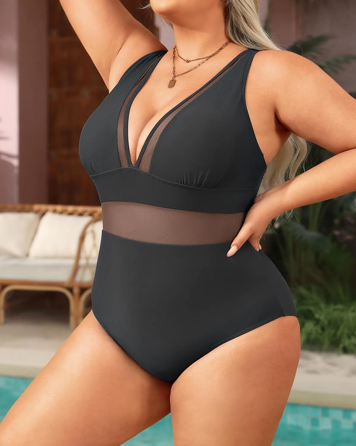 Aqua Eve Women Plus Size One Piece Swimsuit Tummy Control Bathing Suit Mesh Swimwear