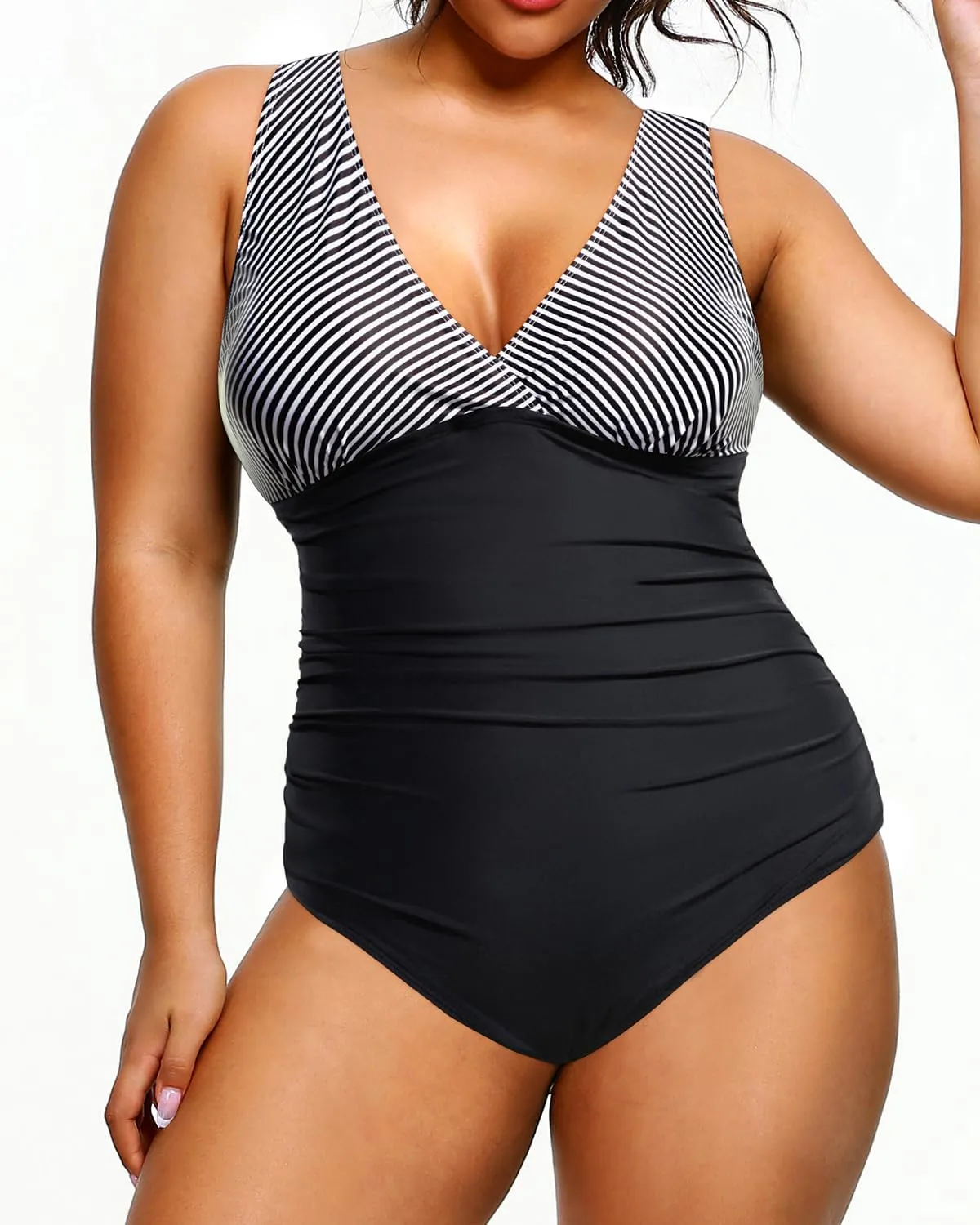 Aqua Eve Women Plus Size One Piece Swimsuits Tummy Control Bathing Suits V Neck Ruched Swimwear