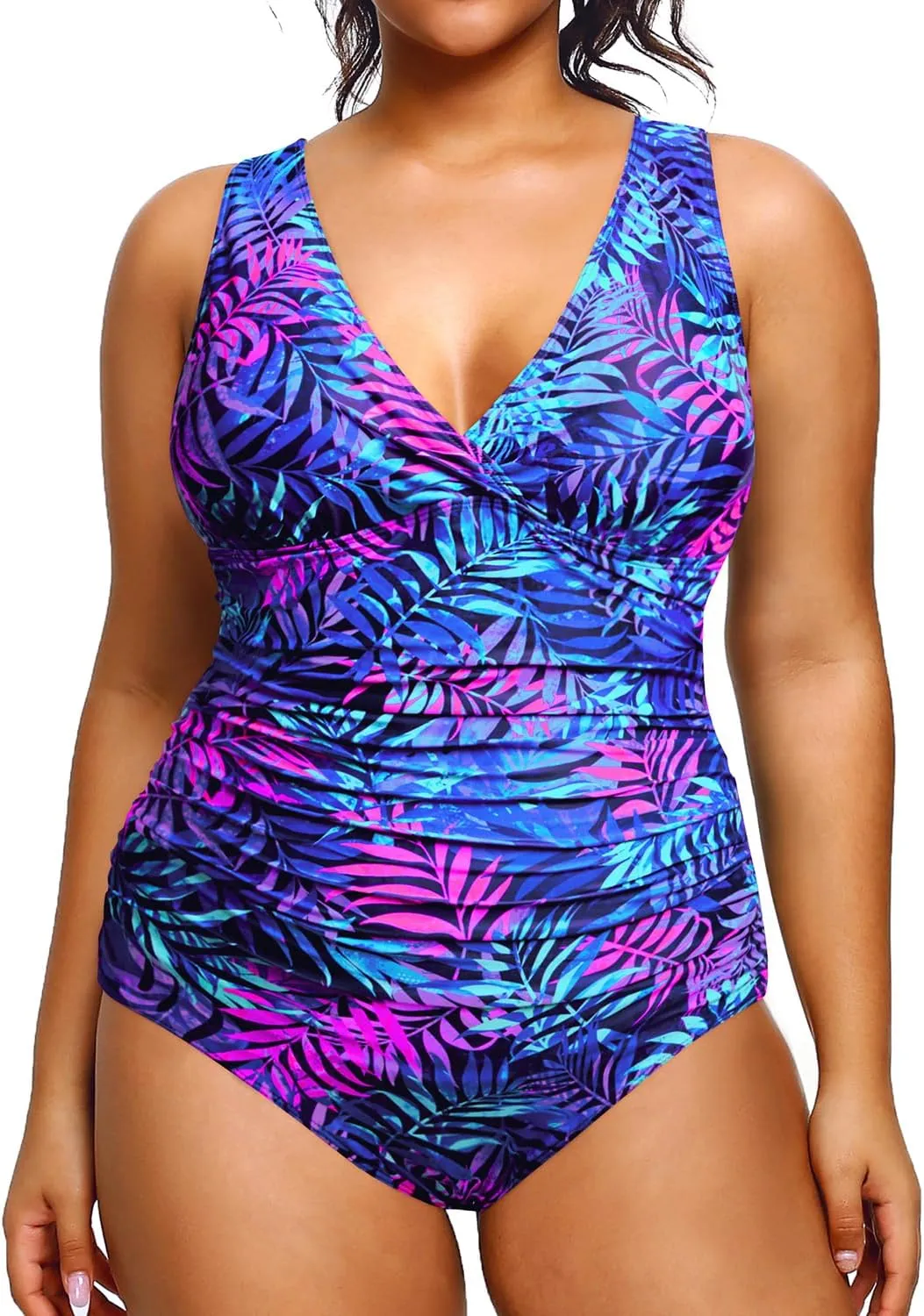 Aqua Eve Women Plus Size One Piece Swimsuits Tummy Control Bathing Suits V Neck Ruched Swimwear