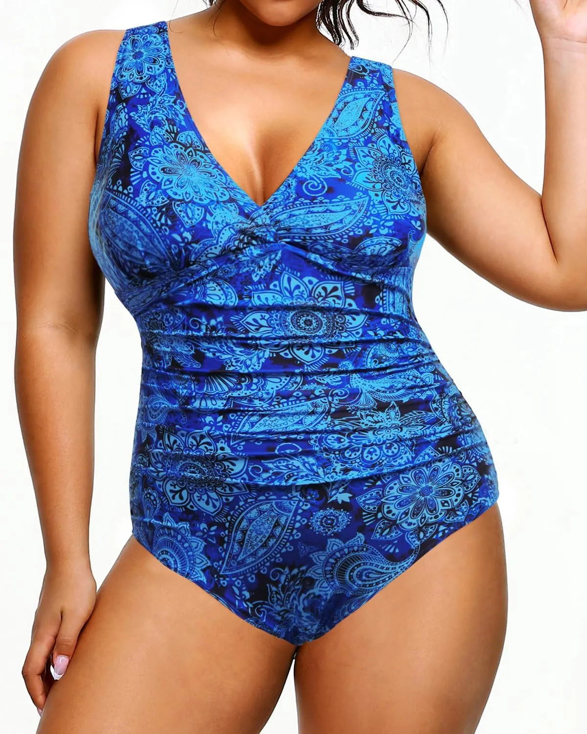 Aqua Eve Women Plus Size One Piece Swimsuits Tummy Control Bathing Suits V Neck Ruched Swimwear