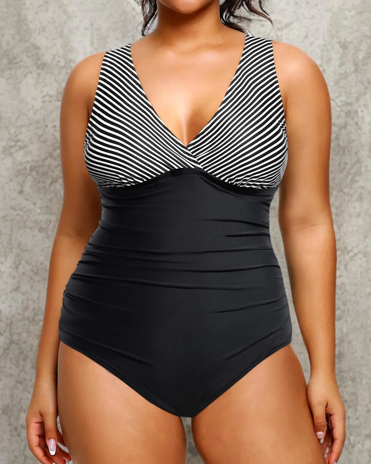 Aqua Eve Women Plus Size One Piece Swimsuits Tummy Control Bathing Suits V Neck Ruched Swimwear